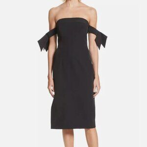 MILLY Black Brit Off Shoulder Bow Trim Midi Sheath Dress - 0 - new with tags